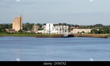 Alberi di navi alte e silos di grano sorgono da Sharpness Docks nel Gloucestershire, come si vede dall'altra parte dell'estuario del Severn a Lydney. Foto Stock