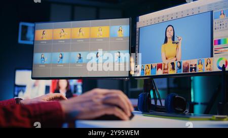 Editor di foto editing di immagini, correzione del colore in un'azienda di post-produzione utilizzando la configurazione multi-monitor, primo piano. Fotografo che corregge le immagini sovraesposte sul software di ritocco del computer desktop Foto Stock