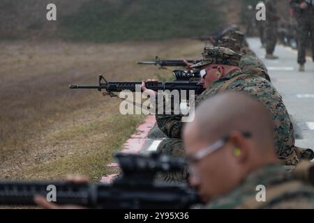 U.S. Marine Corps recluta con Delta Company, 1st Recruit Training Battalion, si avvisa durante un corso di fuoco al tavolo uno al Marine Corps base Camp Pendleton, California, 3 ottobre 2024. Il tavolo One Course of Fire è stato progettato per introdurre le reclute ai principi fondamentali della precisione e della sicurezza dei fucili. (Foto del corpo dei Marines degli Stati Uniti di Elliott A. Flood-Johnson) Foto Stock