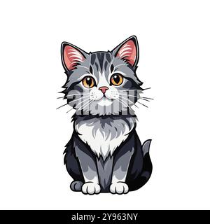 Grazioso gatto grigio con petto bianco in stile cartoni animati su bianco Illustrazione Vettoriale