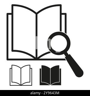 Icona della lente di ingrandimento. Simbolo del libro aperto. Concetto di lettura e ricerca. Vettore di esplorazione dello studio. Illustrazione Vettoriale