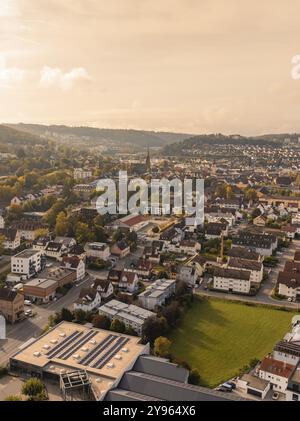 Vista aerea urbana con edifici residenziali, colline e fiume dai caldi colori autunnali, Nagold, Foresta Nera, Germania, Europa Foto Stock