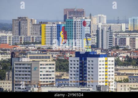 Berlino Est con edifici prefabbricati. Vista dal punto panoramico Kollhoff-Tower a Potsdamer Platz, vista della città. Berlino, Germania, Europa Foto Stock