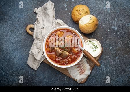 Borscht ucraino, zuppa di barbabietole rosse con carne, in ciotola bianca con panna acida, panini all'aglio Pampushka e fette salo su fondo rustico in pietra. Tradi Foto Stock