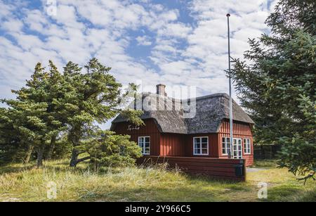 Casa vacanze rossa con tetto in paglia in un ambiente rurale sotto un cielo nuvoloso, Jutland, Danimarca, Europa Foto Stock