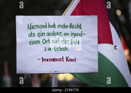 Circa 400 persone partecipano a una manifestazione pro-Palestina al Rossmarkt di Francoforte sul meno il 7 ottobre 2024. Il rally è accompagnato da un mas Foto Stock