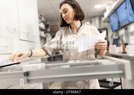 Giovane farmacista donna che cerca medicinali nel cassetto del magazzino Foto Stock