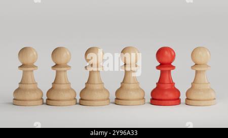 Un pezzo ROSSO degli scacchi diverso dagli altri pezzi bianchi degli scacchi. Concetto di differenza.rendering 3D su sfondo bianco. Foto Stock