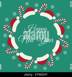 Cappelli di Babbo Natale, Candy cane e fiocchi di neve, cornice circolare con iscrizione Happy New Year. Copia spazio. Opuscoli illustrativi di Vector isolati, biglietti di auguri o inviti a tema o promozioni Web Illustrazione Vettoriale