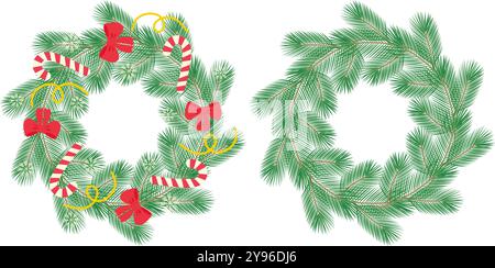 Corone di ramoscello sempreverdi di Natale o Capodanno decorate e non decorate. Set bordo cornice arrotondato di 2 template. Lettere per illustrazioni vettoriali isolate, schede, poster, opuscolo, opuscolo, banner, etichette o web, promozione Illustrazione Vettoriale