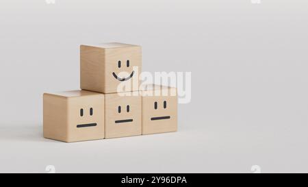 Faccia l'icona felice e triste su un cubo di legno sul tavolo. Valutazione del servizio clienti e concetti di valutazione della soddisfazione.rendering 3D su sfondo bianco. Foto Stock