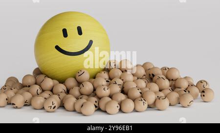 GRANDE faccia GIALLA SMILL in un gruppo di smiley - illustrazione 3d. Rendering 3D su sfondo bianco. Foto Stock