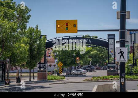 22 giugno 2024 - Cervo Rosso Alberta Canada - Cervo rosso nel centro della città Foto Stock