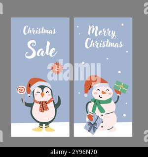 Storie verticali natalizie, banner di vendita con simpatici personaggi pinguini e pupazzo di neve. Decorazioni natalizie e regali. Sfondo pubblicitario per le vacanze invernali. Illustrazione Vettoriale