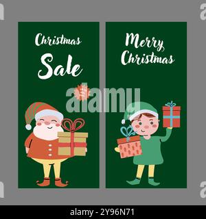 Storie verticali natalizie, banner di vendita con simpatici personaggi gnome ed elfo. Decorazioni natalizie e regali. Sfondo pubblicitario per le vacanze invernali. Illustrazione Vettoriale