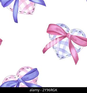 Cuori di stracci rosa e blu in una gabbia con archi. Motivo senza cuciture dipinto con acquerelli su sfondo bianco. Per decorazione, design, carta, tessuti Foto Stock