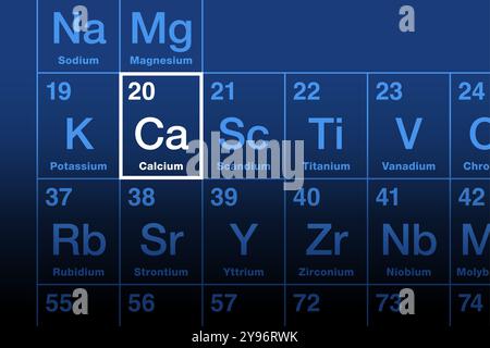 Elemento di calcio su tavola periodica. Metallo alcalino con numero atomico 20 e simbolo CA dal latino calx, che significa calce. Foto Stock
