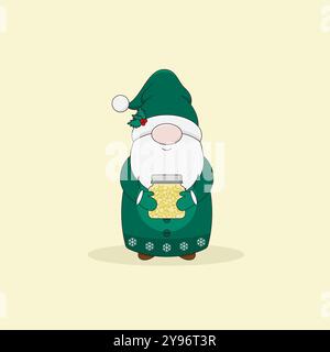 Il simpatico gnomo natalizio con cappotto verde, cappello e guanti contiene un vaso con stelle luccicanti. Illustrazione vettoriale in stile cartoni animati. Illustrazione Vettoriale