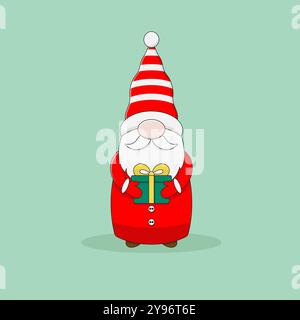 Il simpatico gnomo natalizio con cappotto rosso, cappello a righe e guanti contiene una confezione regalo verde con fiocco giallo. Illustrazione vettoriale in stile cartoni animati. Illustrazione Vettoriale
