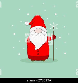 Un simpatico gnomo natalizio con cappotto rosso, cappello e guantoni regge uno staff con un fiocco di neve. Illustrazione vettoriale in stile cartoni animati. Illustrazione Vettoriale