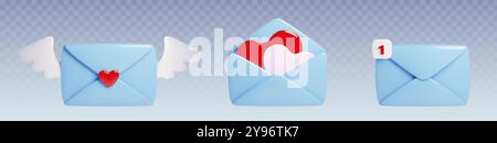lettera d'amore blu 3d con icona vettoriale cuore. Messaggio regalo di San Valentino in busta aperta per la madre. Elemento grafico realistico per matrimoni con ali. Segreto di marketing con un'e-mail carina Illustrazione Vettoriale