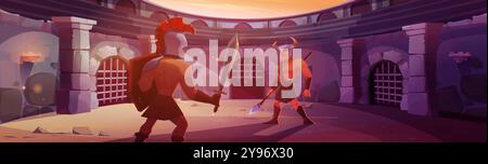 Antichi guerrieri gladiatori in caschi, con spada e lancia che combattono nell'arena rotonda romana con porte a reticolo, pareti di pietra e pavimento di sabbia. Cartoon Vector Medieval spartan Soldier Battle Competition. Illustrazione Vettoriale