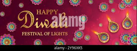 Felice illustrazione del vettore Diwali. Carta festiva Diwali e Deepawali. Il festival indiano di luci su sfondo a colori Illustrazione Vettoriale