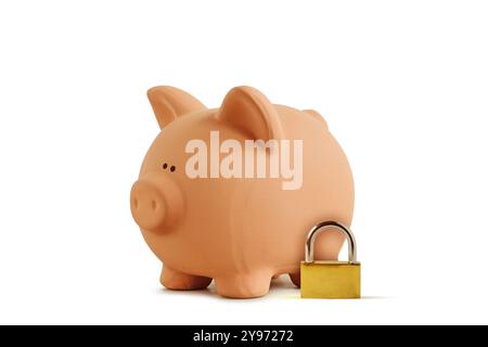 Salvadanaio con lucchetto su sfondo bianco - concetto di risparmio e protezione finanziaria Foto Stock
