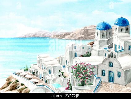 Isola di Santorini, Mediterraneo, Grecia. Vista della città di Oia e del mar egeo. Illustrazione ad acquerello disegnata a mano Foto Stock