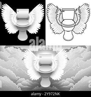 Il simbolo della ciotola, che ha 3 stili: Un WC alato, un WC alato con solo linee e un WC alato con uno sfondo di nuvole. Illustrazione Vettoriale