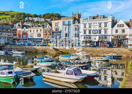 Vista del porticciolo urbano circondato da case storiche a Dartmouth. Devon, Inghilterra Foto Stock