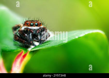 Piccolo ragno saltato arroccato su una foglia verde, il suo corpo colorato contrasta con lo sfondo. Gli occhi luminosi aggiungono curiosità alla scena, catturando Foto Stock