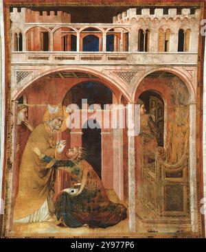 SIMONE MARTINI (B. 1280/85, Siena, d. 1344, Avignone) miracolo del fuoco 1312-17 affresco, 296 x 230 cm Cappella di San Martino, Chiesa inferiore, San Francesco, Assisi a partire dall'ingresso della cappella, da sinistra a destra e dall'alto in basso, le pareti laterali e il soffitto a volta a botte sono affrescati con scene della vita di San Martino: Al livello inferiore, la Divisione del Cloak, il sogno, San Martino è cavaliere e rinuncia; al livello medio, il miracolo del bambino risorto, la Meditazione, la messa Miracolosa e il miracolo del fuoco; al livello superiore troviamo il Foto Stock