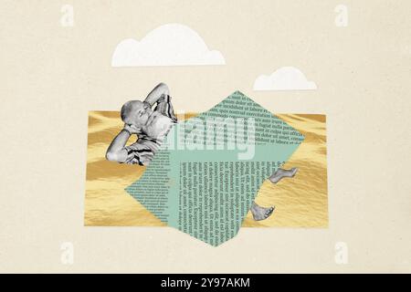 Immagine collage di un uomo sonnolento sognante pensionato disteso su una spiaggia di sabbia isolata su uno sfondo di disegno Foto Stock