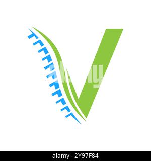 Logo diagnostico della colonna vertebrale sul modello vettoriale della lettera V. Simbolo ortopedico Illustrazione Vettoriale