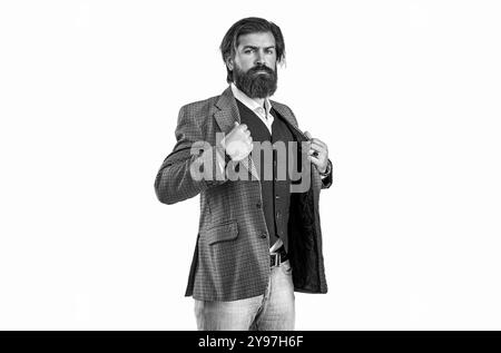 Attraente barba in elegante abito. Stile alla moda. Abbigliamento formale. Abbigliamento maschile alla moda. Adatto per un uomo impegnato. Classico. Bianco e nero Foto Stock