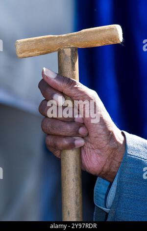 Primo piano della mano di un etiope, ebreo, membro della Comunità ebraica Beta Israel in Israele, che tiene un bastone di legno durante un Sigd Festival Foto Stock