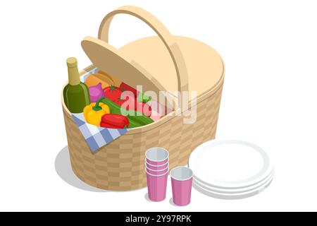 Cestino isometrico per picnic in vimini con stoviglie, snack e bevande su sfondo bianco. Illustrazione Vettoriale