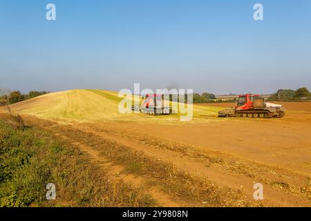 Veicoli bulldozer cingolati a pistoni con sistema di chiusura per insilato di granturco dolce nel campo immagazzinato per biocarburanti, Alderton, Suffolk, Inghilterra, Regno Unito Foto Stock