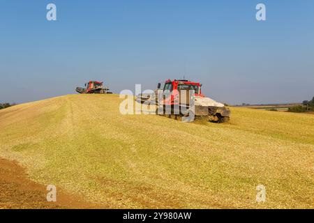 Veicoli bulldozer cingolati a pistoni con sistema di chiusura per insilato di granturco dolce nel campo immagazzinato per biocarburanti, Alderton, Suffolk, Inghilterra, Regno Unito Foto Stock