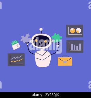 Illustrazione piatta del robot ai per il lavoro finanziario. Intelligenza artificiale con soldi, concetto di trading. Chat bot o ai per l'illustrazione vettoriale di lavoro. Carino ro Illustrazione Vettoriale