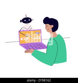 Concetto di intelligenza artificiale con le persone. Illustrazione vettoriale piatta. Persona che utilizza la tecnologia ai per lavoro. Collaborazione con il programma ai. Artificiale Illustrazione Vettoriale