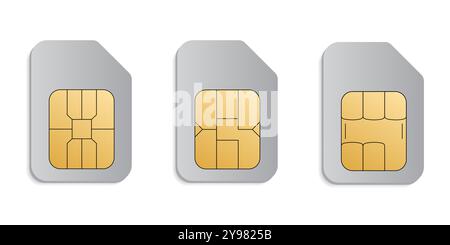 Set di schede sim. Modello di mockup della scheda ID. Illustrazione vettoriale realistica per la progettazione. Telefono cellulare. Segno, simbolo, icona o logo isolato su Illustrazione Vettoriale