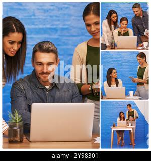 Collage, laptop e team di persone aziendali in riunione d'ufficio o nella pianificazione di product manager. Gruppo, composito e dipendenti sul luogo di lavoro con diversi Foto Stock