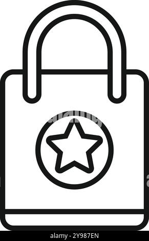 Semplice icona in bianco e nero di una shopping bag con logo a stella, che rappresenta prodotti di alta qualità ed esperienze di shopping esclusive Illustrazione Vettoriale