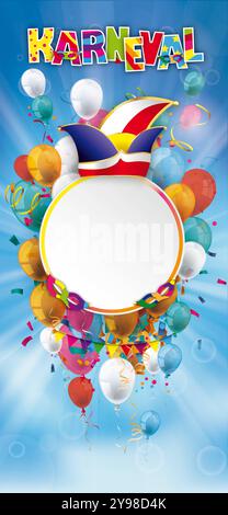 Karneval Label Balloons Confetti Blue Sky Cover testo tedesco Karneval, Translate Carnival. Foto Stock