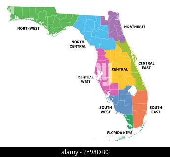 Regioni della Florida, uno stato nel sud-est degli Stati Uniti, mappa a colori. Divisione usata frequentemente dello stato degli Stati Uniti in 9 regioni principali. Foto Stock