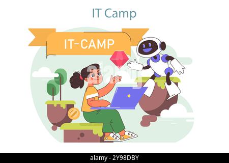 Campo tecnologico per bambini. Corso di formazione su informatica, intelligenza artificiale, tecnologie VR e robotica. Bambini che imparano programmazione e ingegneria durante le vacanze estive. Illustrazione vettoriale piatta Illustrazione Vettoriale