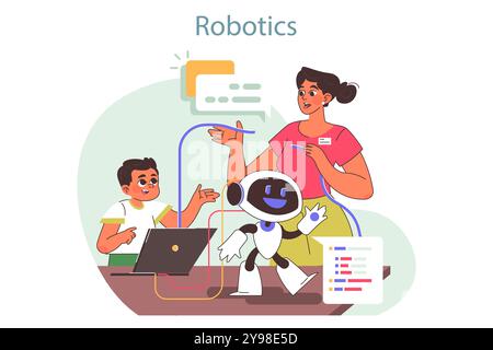 Campo tecnologico per bambini. Corso di formazione sulle tecnologie DELL'INTELLIGENZA ARTIFICIALE e la robotica. I bambini imparano la programmazione e l'ingegneria dei robot durante le vacanze estive. Illustrazione vettoriale piatta Illustrazione Vettoriale