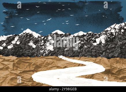 Composizione collage surreale e contemporanea composta da pezzi strappati di carta acquerellata, artigianato, foglio. Paesaggio con montagne innevate e sentiero curvo Foto Stock